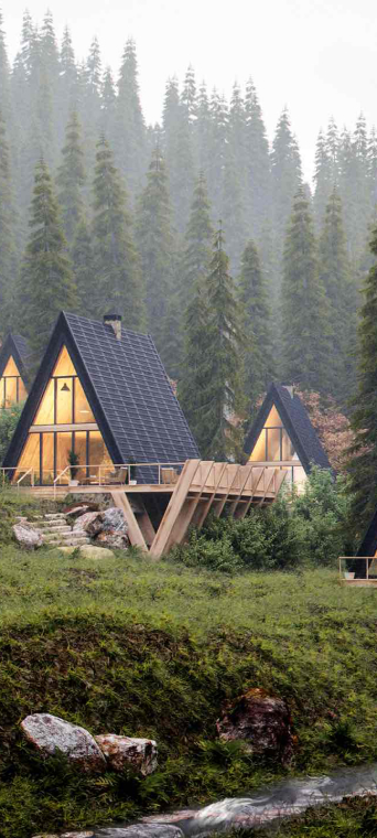 Panoramic windows house in the forest